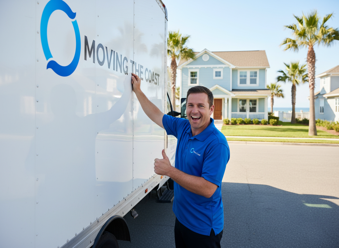 Branded moving truck parked at a residential home