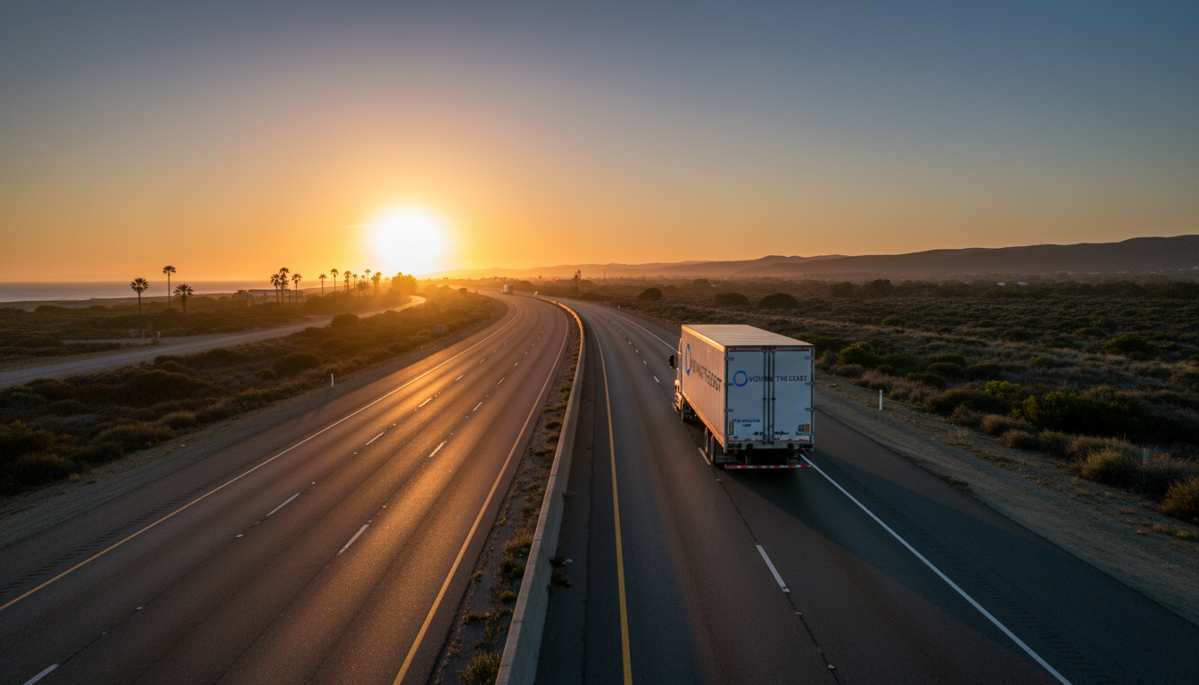 Moving truck driving on a long highway